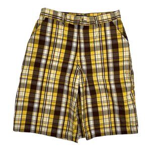 Dtek Men's Y2K Shorts Baggy Long Yellow Brown Plaid Size 34 Skater